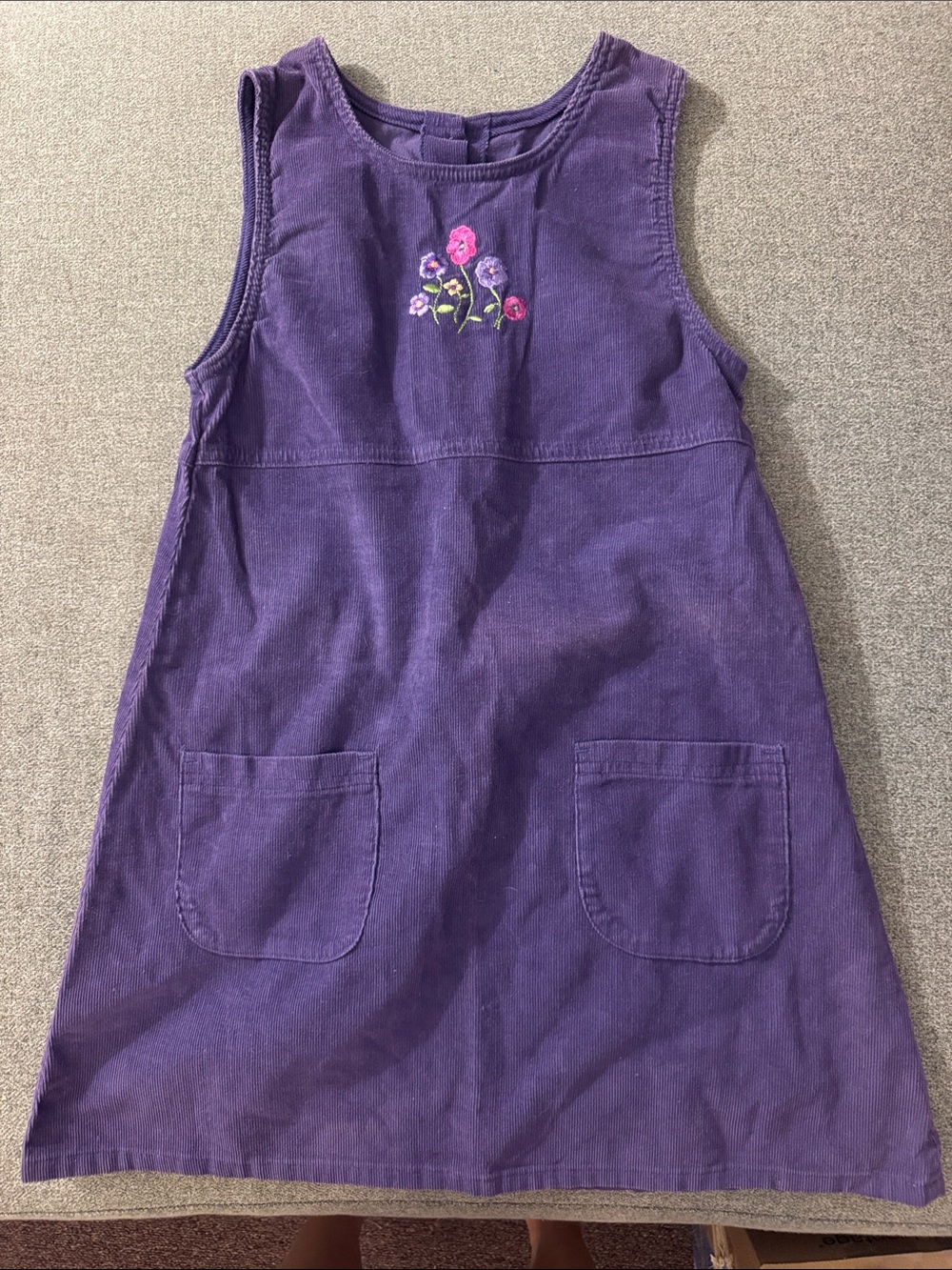 5/$15- Purple Corduroy Pinafore Dress with Floral Embroidery